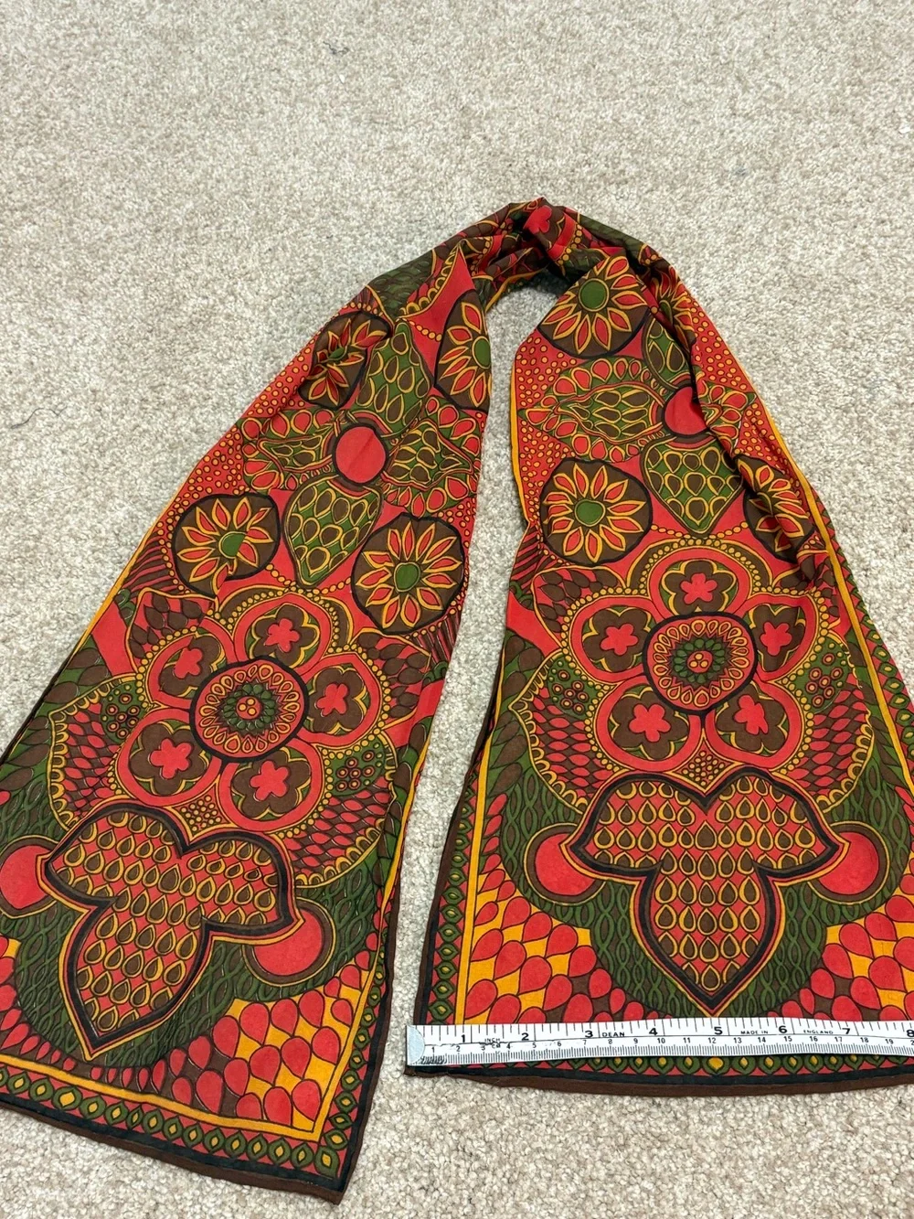 Women's Patterned Silk Scarf in Red, Brown & Green 9 1/2”x44” Retro Vintage